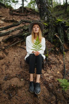 Woman with blonde hair sitting in forest holding a fern leaf, wearing a knitted sweater and hat.