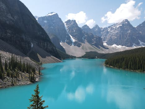 Breathtaking view of Moraine Lake's turquoise waters surrounded by the Rockies in Banff National Park, Alberta.
