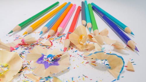 Close-Up Shot of Color Pencils and Pencil Shavings