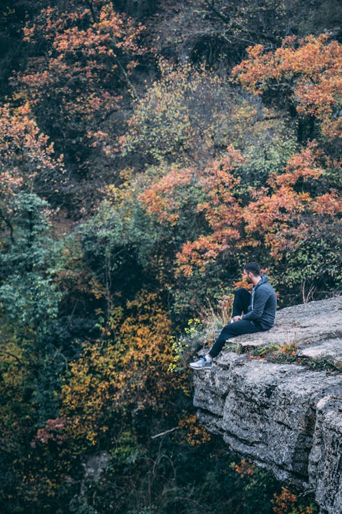 Yeşil Ve Kırmızı Yapraklı Ormanın üzerinde Taş Uçurumun üzerinde Oturan Siyah Pantolonlu Siyah Kapşonlu Adam Fotoğrafı