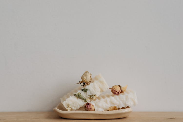 White Bar Soaps With Roses On A Ceramic Tray