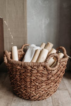 A rustic wicker basket filled with rolled papers, placed on a wooden floor, exuding a cozy and natural ambiance.