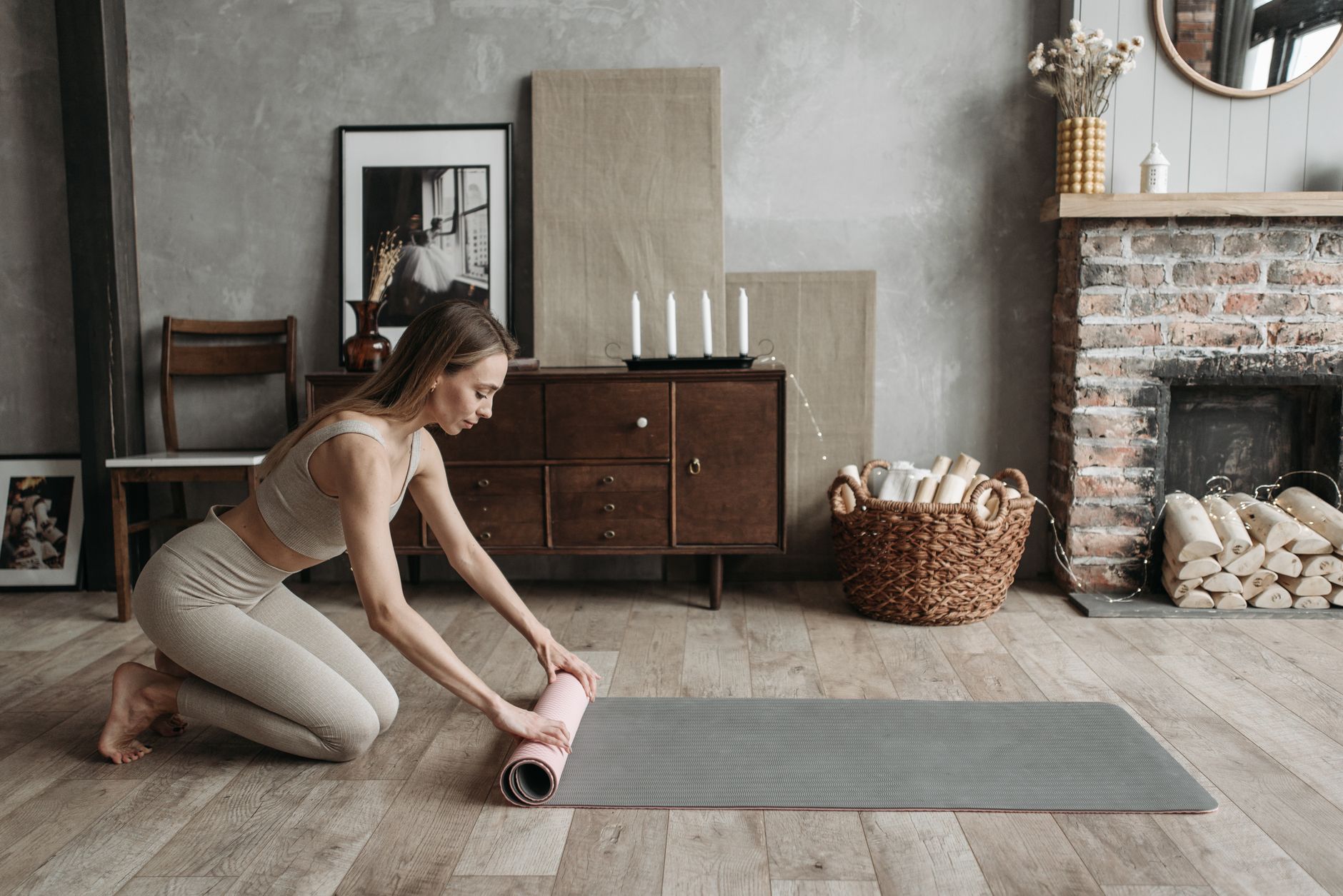 The yoga mat in the corner