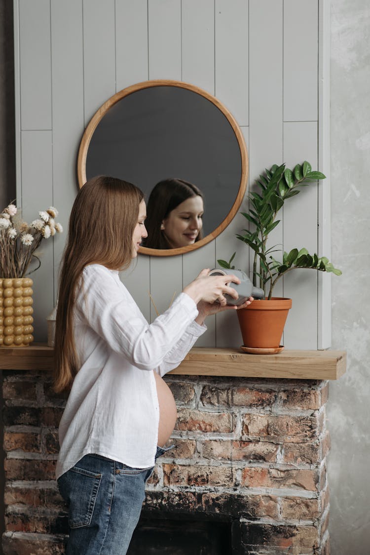 A Pregnant Woman Watering The House Plant