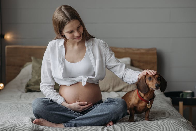 A pregnant woman sitting on a bed with her dog, enjoying a cozy indoor moment.