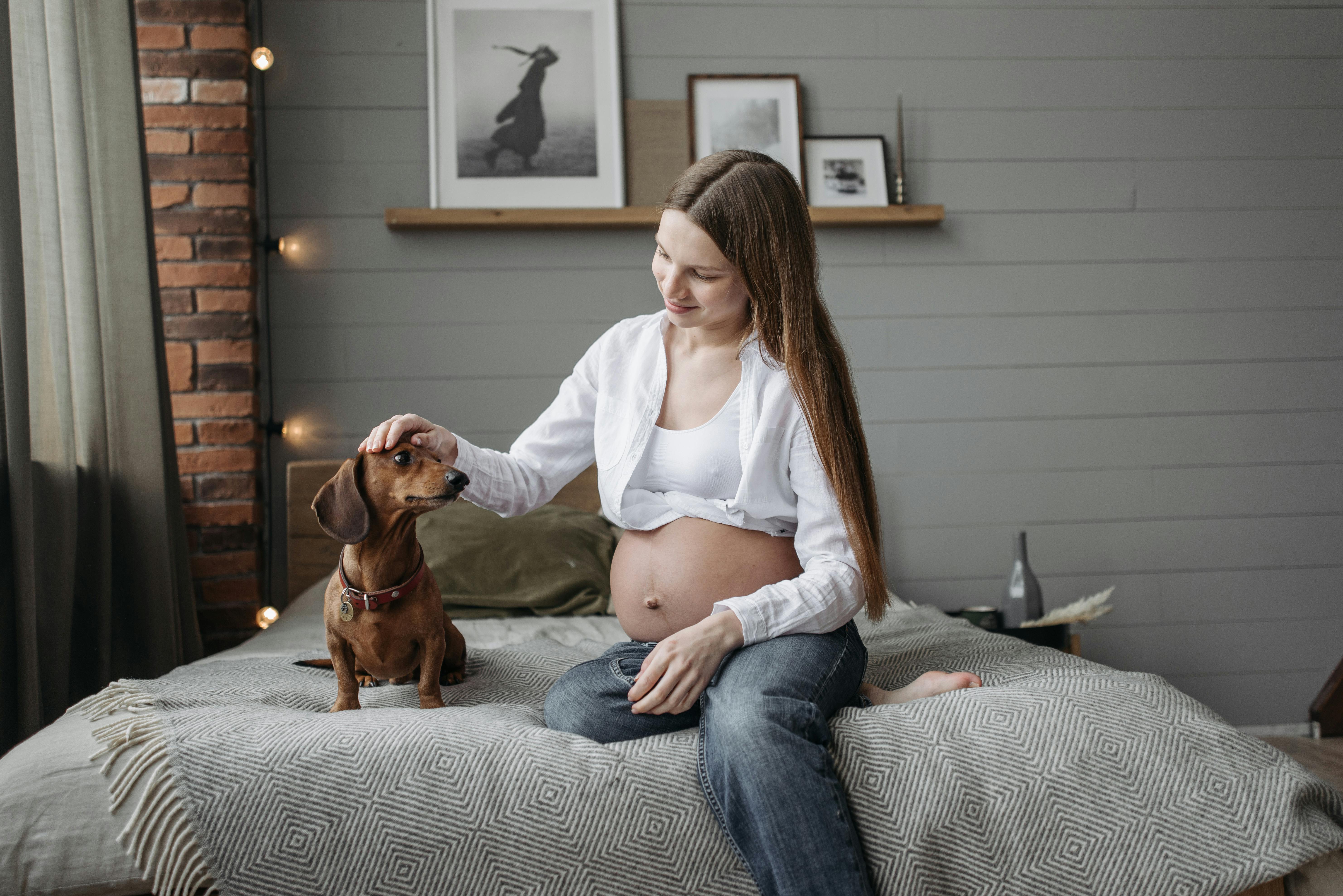 Photo of a Pregnant Woman Petting Her Pet