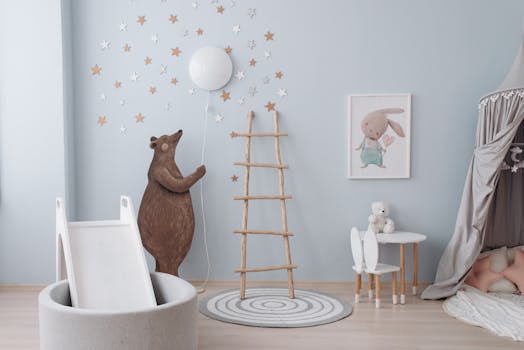 A cozy nursery featuring bear and rabbit decor, wooden ladder, and star decorations for a dreamy setting.