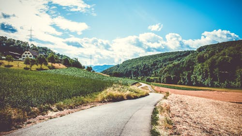 Free Green Field and Road in Landscape Photography Stock Photo