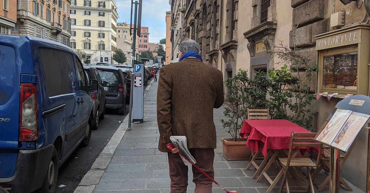 Full body back view of anonymous male owner strolling with dog on leash on paved walkway between residential buildings and road with parked cars in city