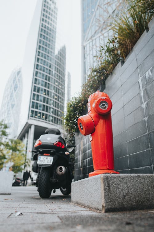 
A Fire Hydrant beside a Motor Scooter on a Sidewalk