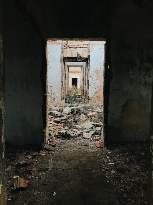 Damaged shabby uninhabited house with crumbling walls and destroyed doorways located on ground with ruins near weathered buildings in neglected district