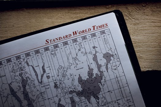 Close-up view of a world time zone map printed on paper inside a diary.