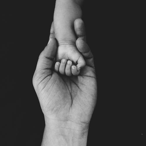 A Grayscale of an Adult Holding a Hand of a Baby