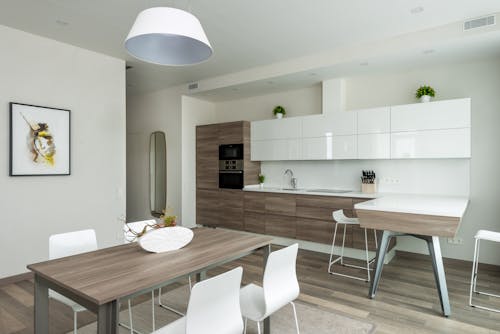 Wooden table with chairs placed near counter and cabinets in modern spacious kitchen decorated with potted plants and framed pictures in daylight