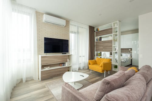 Cozy sofa and armchair placed near cabinet with TV set in contemporary living room separated from bedroom with cupboard and shelves in spacious studio apartment
