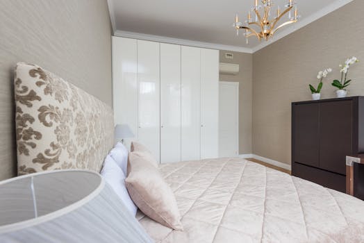 Bed under coverlet with cushions placed near lamp on bedside and closet near door in bedroom with classic chandelier