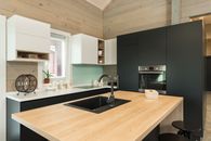 Modern kitchen with counter and built in appliances