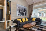 Interior design of contemporary villa with decorative picture hanging above couch placed near round table and geometric shelves