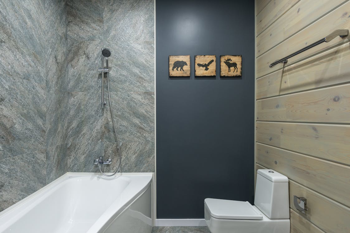 Interior of bathroom with wooden animal decor