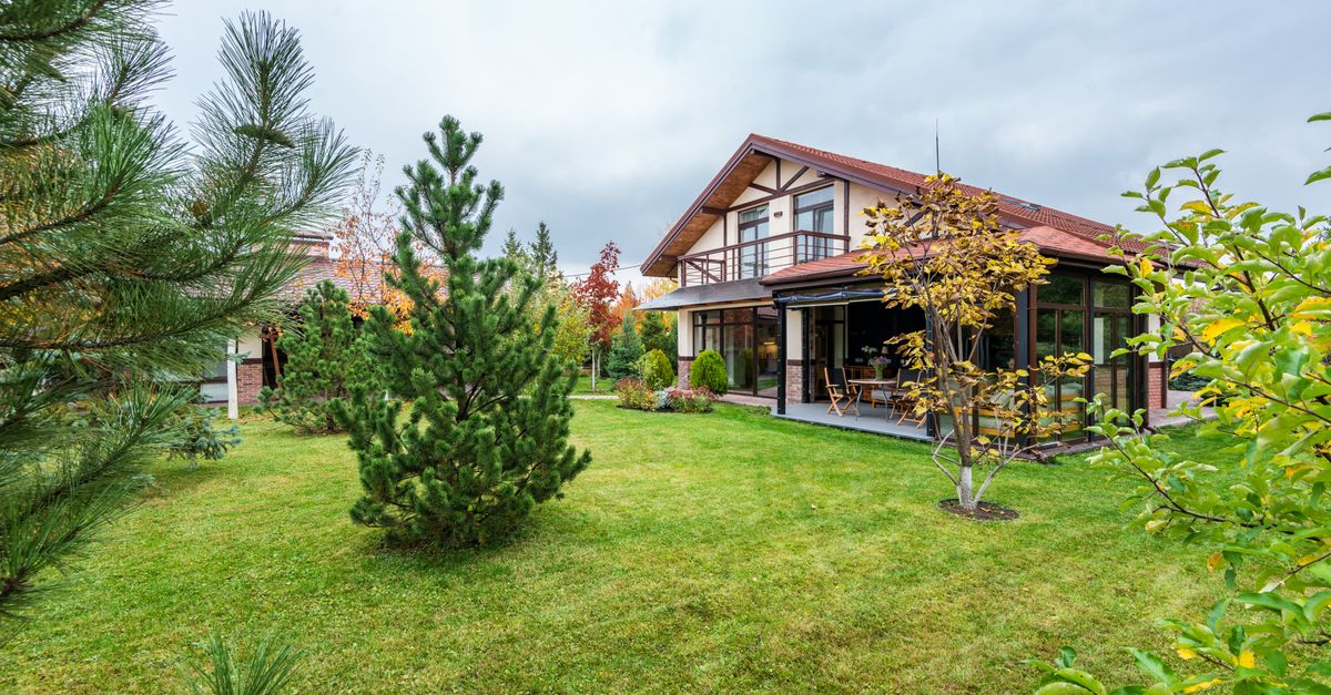 Big private two storey house with terrace surrounded by trees growing on lawn in backyard
