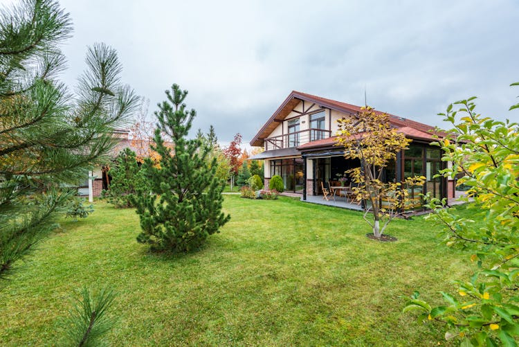 Cottage With Veranda And Trees Growing In Backyard