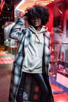 Thoughtful young African American woman in coat and hoodie with leggings and eyeglasses standing on pavement near illuminated building with window on town street at night
