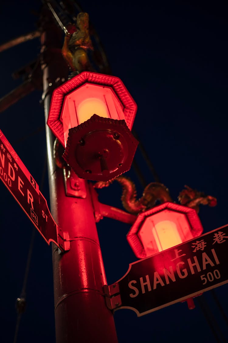 Shanghai Title On Sign Between Neon Lanterns In Evening Town