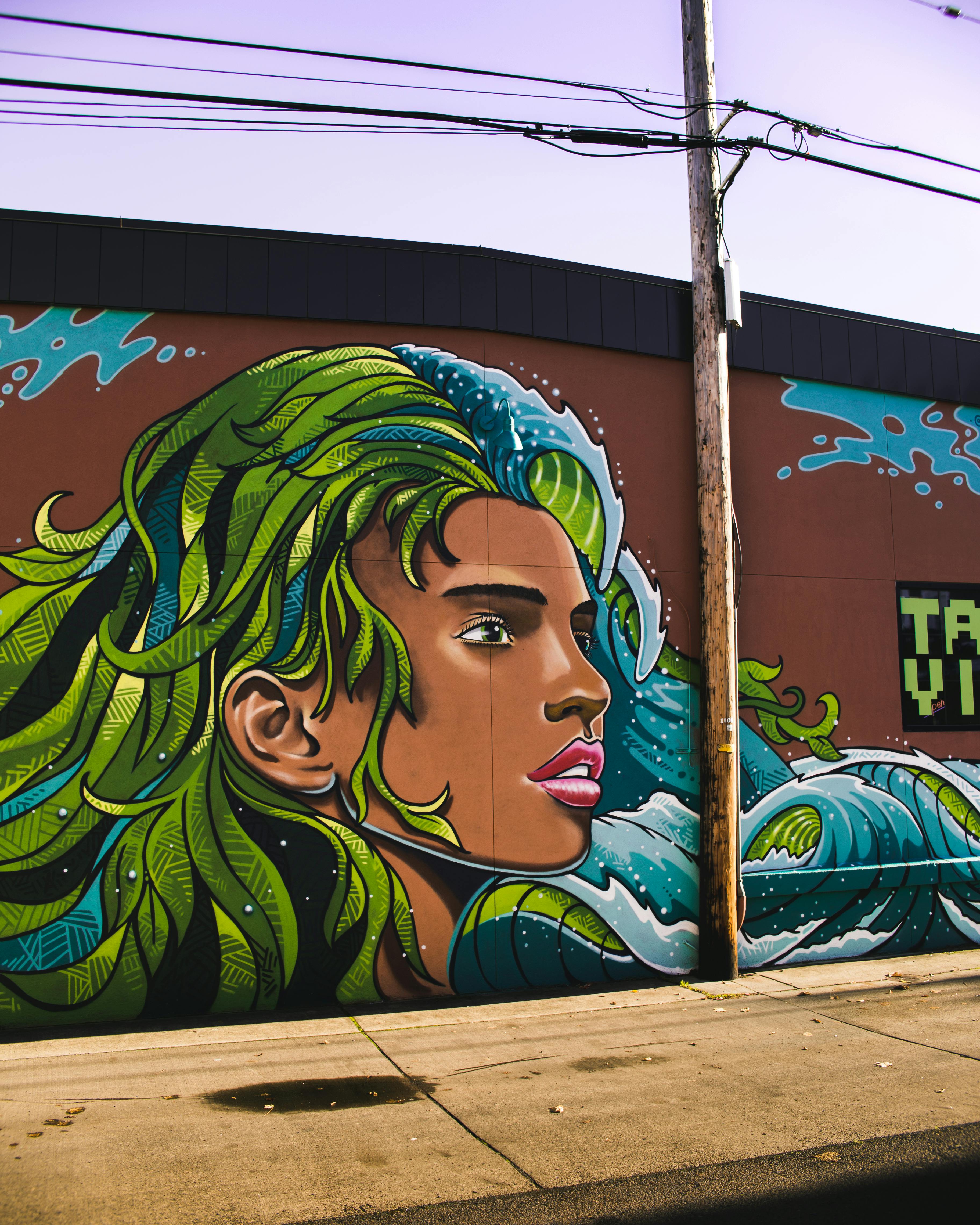 Woman With Blue And Green Haired Wall Painting Free Stock Photo