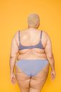 Back view of anonymous overweight woman in underwear with cellulite on thighs and skin folds on back