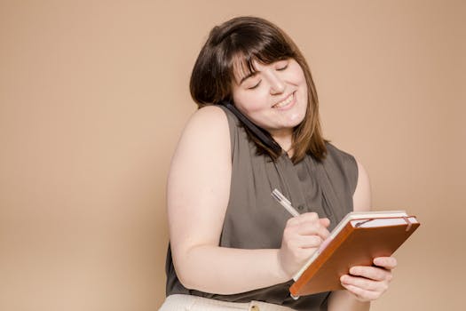 Cheerful woman on phone taking notes in a beige studio setting.