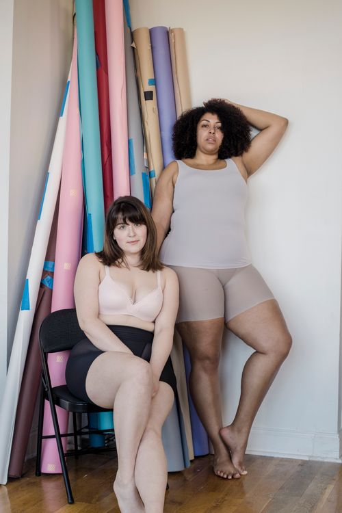 Free Plump African American woman touching curly hair against girlfriend in underclothes on chair while looking at camera indoors Stock Photo