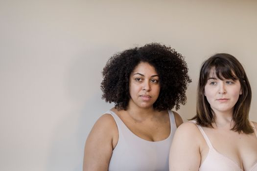 Plump multiracial girlfriends in lingerie on beige background
