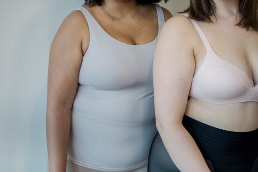 Crop plump multiethnic models in underclothes on light background