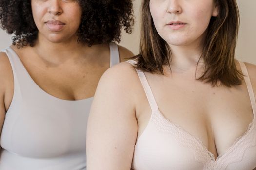 Crop plus size multiethnic girlfriends in underwear on beige background