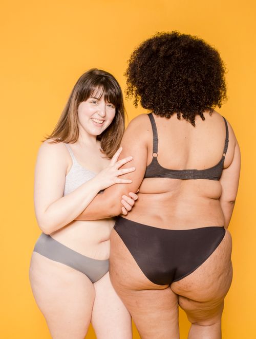 Free Two women in underwear showcasing body positivity against a yellow background Stock Photo