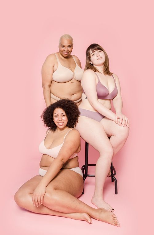 Free Three women of different ethnicities confidently posing in lingerie on a pink background. Stock Photo