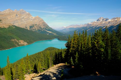 Free Majestic view of a turquoise lake encircled by towering mountains and lush forest in Banff National Park. Stock Photo