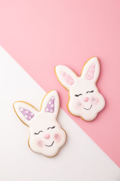 Free Adorable Easter bunny cookies with pastel icing on a pink and white background, perfect for festive decorations. Stock Photo