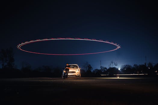 A captivating scene of a car at night with a circular drone light trail above, emitting a mystical and adventurous vibe.