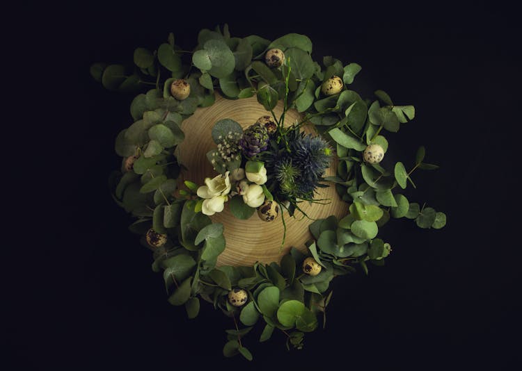 Close-Up Shot Of Eucalyptus Wreath On Black Background