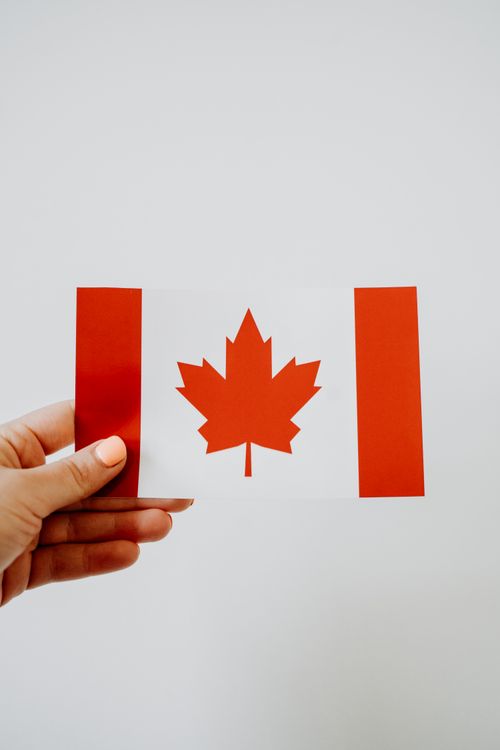 Free Close-up of a hand holding a Canadian flag against a clean white background. Representing Canada. Stock Photo