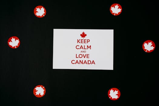 A stylish card featuring 'Keep Calm and Love Canada' surrounded by Canadian flag symbols.