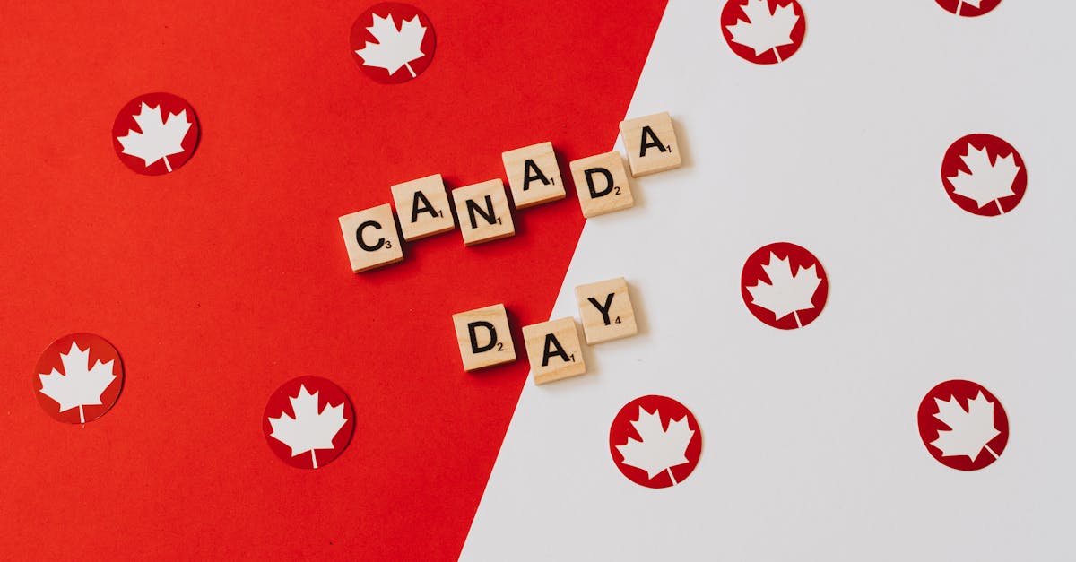 Canada Day themed illustration with Scrabble tiles and maple leaves on a red and white background.