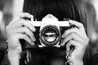 一位女士手持老式相机的黑白特写，捕捉了怀旧之情