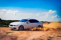 白色豪华汽车在土路上飞驰，蓝天下扬起漫天尘土