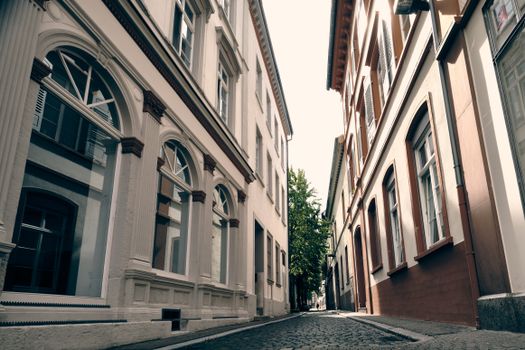 A peaceful narrow alleyway lined with historic buildings in Heidelberg, Germany.