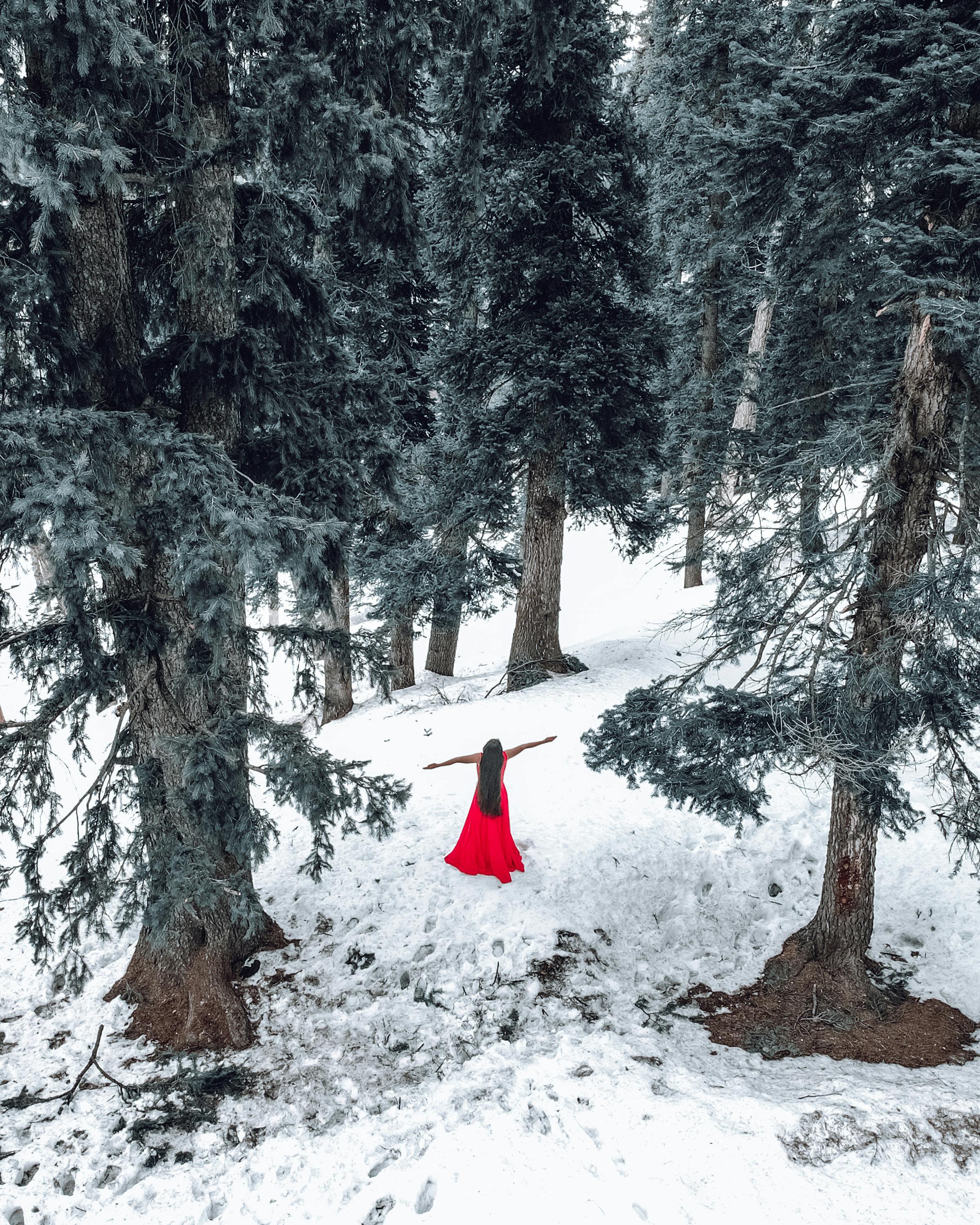 Girl in a red dress in snowy forest. Her long dress lying on snow