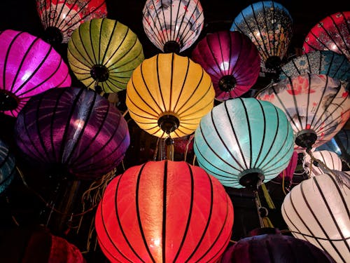 Free Red, Blue, Yellow, and White Sky Lantern Lot Stock Photo