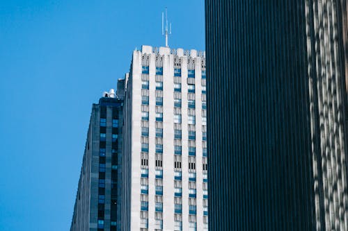 Facades of high rise contemporary buildings placed in center of megapolis against cloudless blue sky in daytime