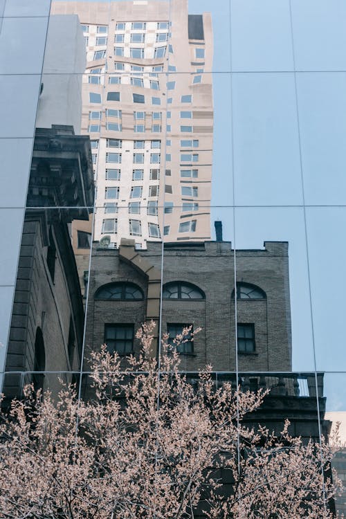 Modern house facade reflecting old stone building in town